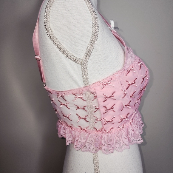 Sexy Pink bows Eyelet Lace Corset Topper Bra - Picture 8 of 10